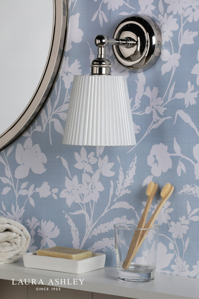 Laura Ashley Callaghan Wall Light Polished Nickel and White Ribbed Glass IP44