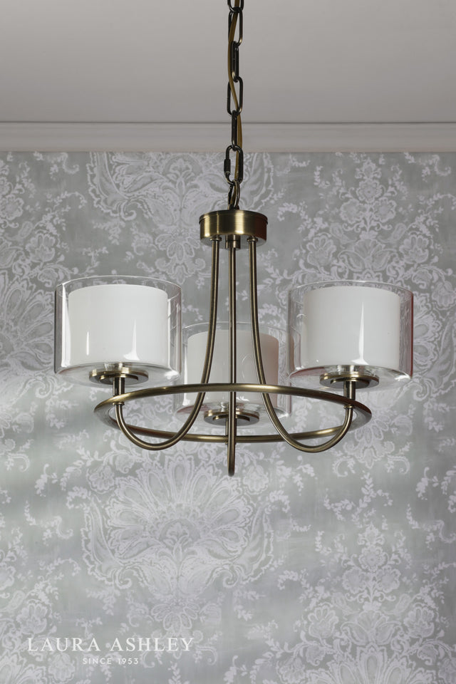 Laura Ashley Southwell 3 Light Armed Pendant Antique Brass and Opal Glass