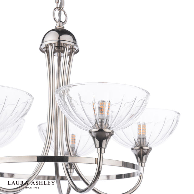 Laura Ashley Wellham 5 Light Armed Pendant Polished Nickel and Ribbed Glass