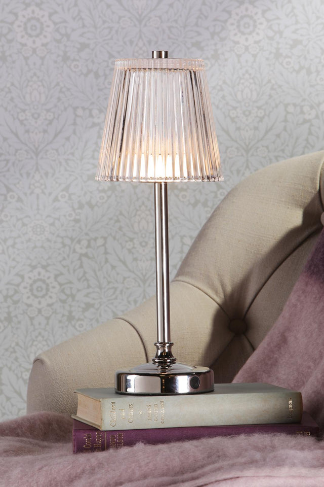 Laura Ashley Callaghan Rechargeable Table Lamp Polished Nickel and Ribbed Glass LED