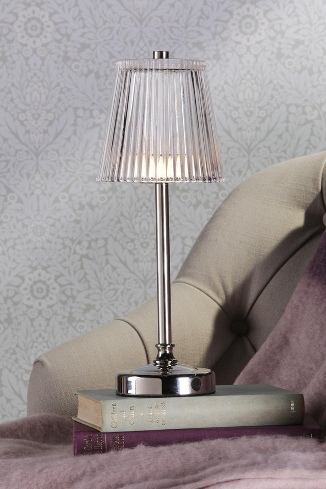 Laura Ashley Callaghan Rechargeable Table Lamp Polished Nickel and Ribbed Glass LED