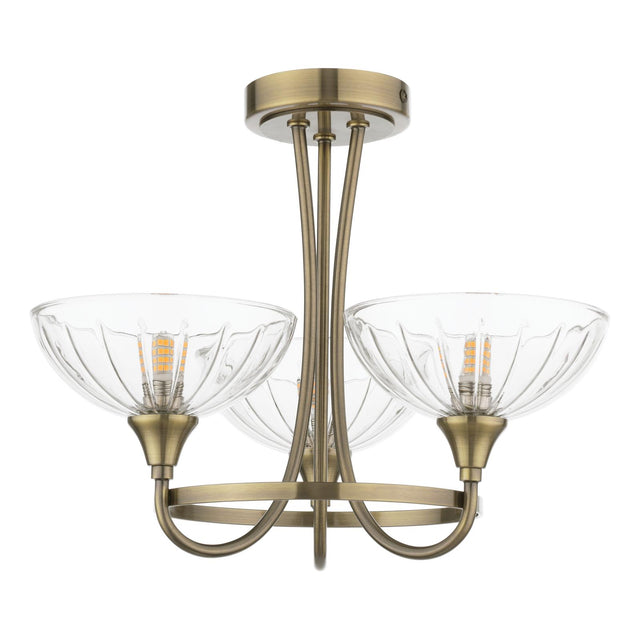 Laura Ashley Wellham 3 Light Semi-Flush Antique Brass and Ribbed Glass