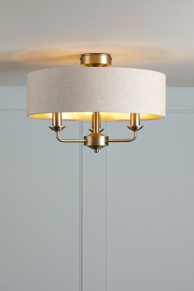 Laura Ashley Sorrento 3 Light Semi-Flush Matt Antique Brass With Natural Shade