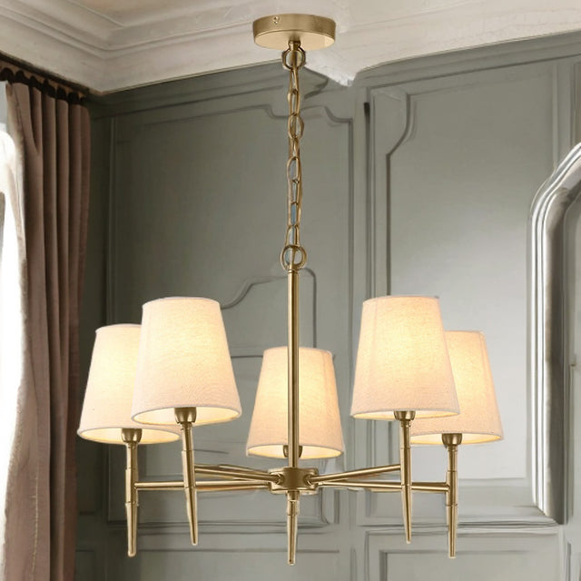 Shandon Antique Brass 5-Arm Chandelier With Fabric Shades