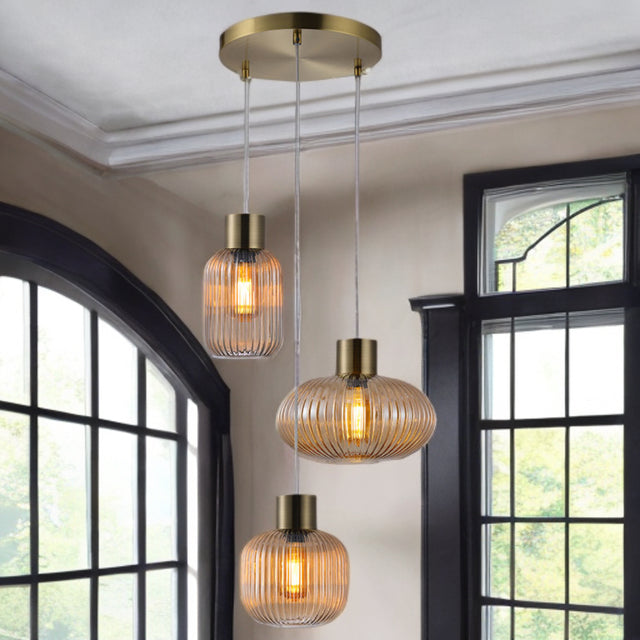 Antique Brass W/ Ribbed Amber Glass Skytech Pendant