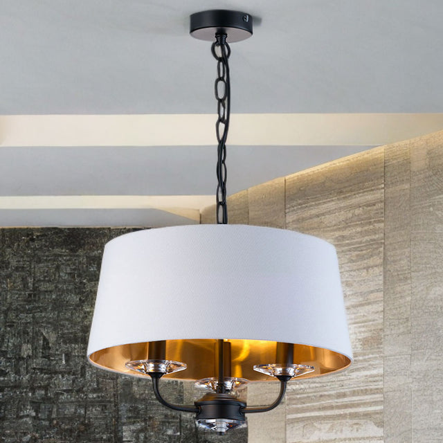 Matt Black Stylo Pendant C/W White Shade With Inner Gold Finish