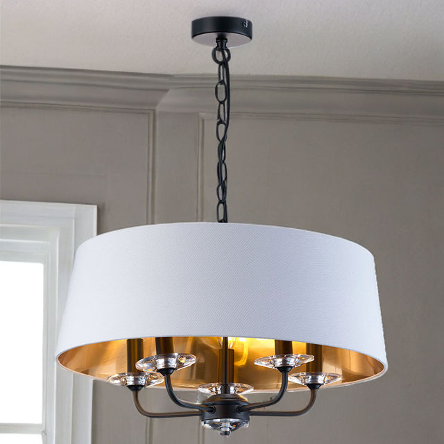 5L Matt Black Stylo Pendant C/W White Shade With Inner Gold Finish