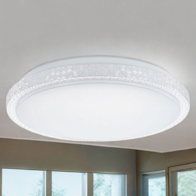 Ip 44 Led White, Frosted Diffuser That Ensures Soft, Even Light Distribution. Around The Edge, There'S A Decorative Translucent Band With A Geometric Pattern, Adding A Modern Aesthetic To The Fixture.