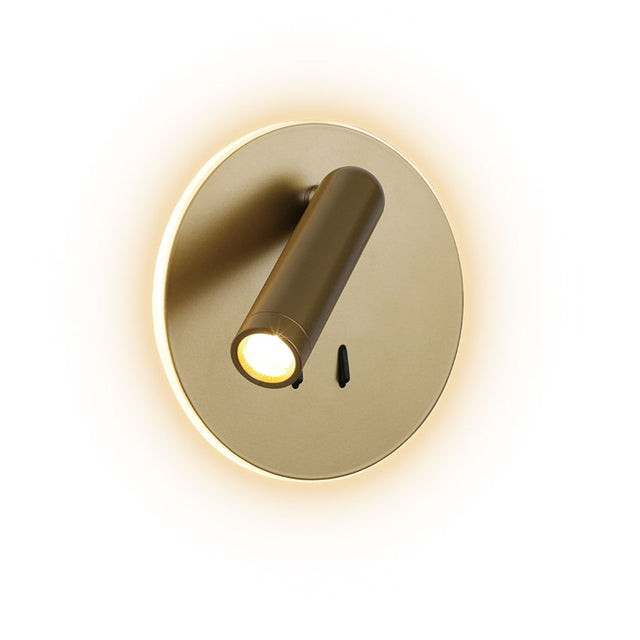 3W Led Wall Light In Satin Brass Round Metal C/W 6W Illuminated Ring