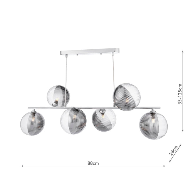 Spiral 6 Light Bar Pendant Polished Chrome & Smoked/Clear Ribbed Glass