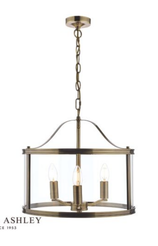 Laura Ashley Harrington 3lt Pendant Antique Brass Glass