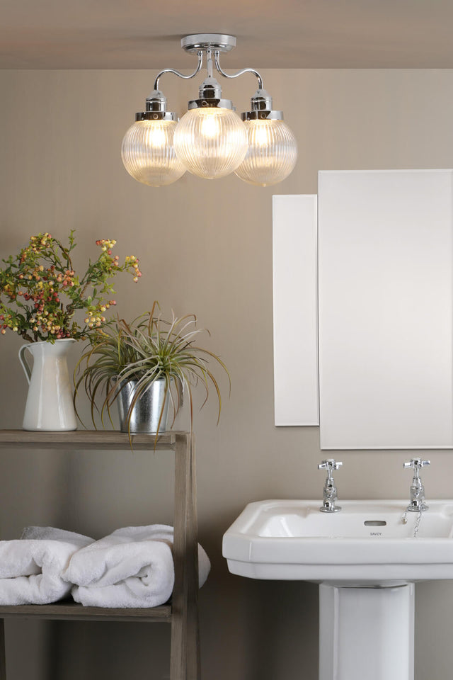 Tamara 3 Light Bathroom Semi Flush Polished Chrome Ribbed Glass IP44