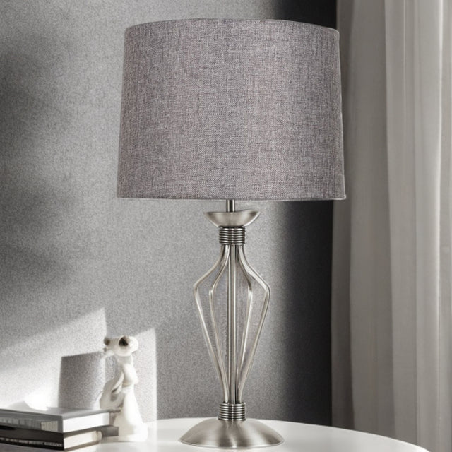 Satin Nickel Table Lamp C/W Grey Shade