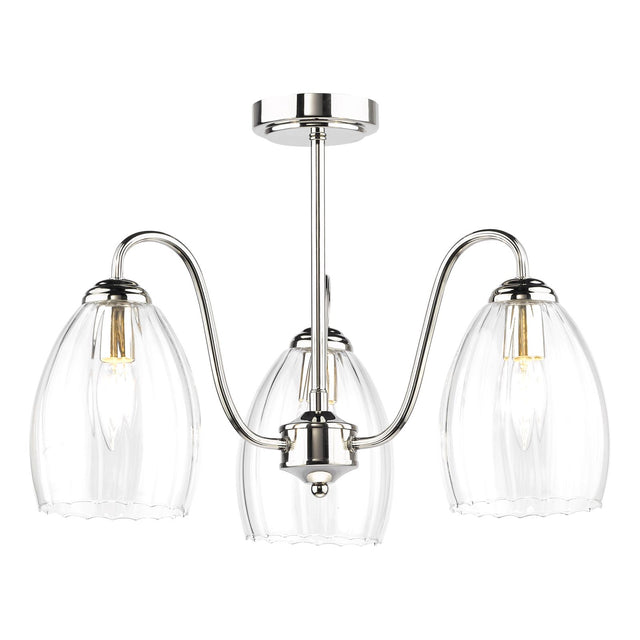 Valora 3 Light Semi Flush Polished Nickel and Ribbed Glass