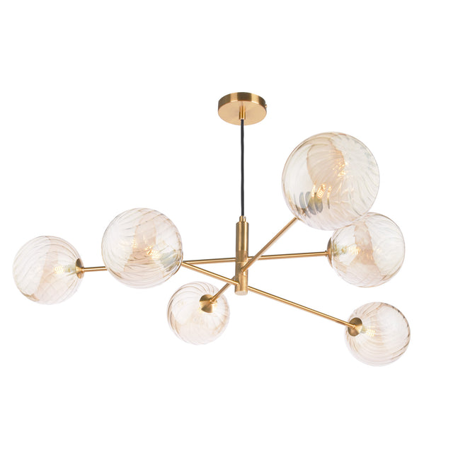 Vignette 6Lt Pendant Aged Brass Complete With Twisted Ball Gls Amber 150Mm