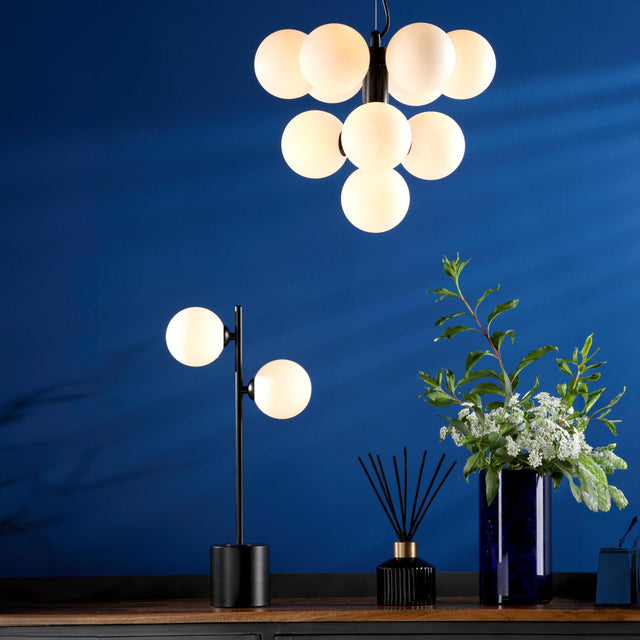 Vine 10 Light Pendant Satin Black & Opal Glass