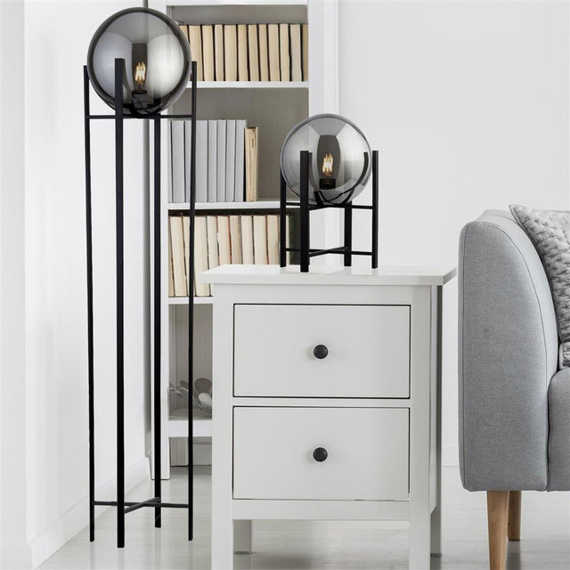 AMSTERDAM - 1LT MATT BLACK FLOOR LAMP 4 LEG BASE WITH ROUND SMOKEY GLASS SHADE