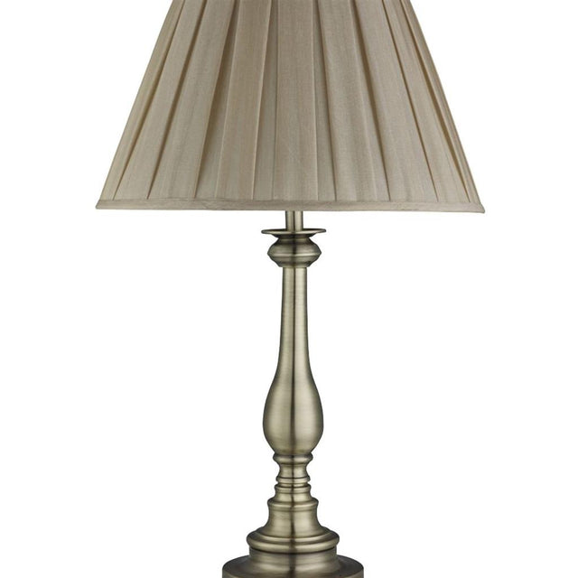 FLEMISH TABLE LAMP, SPINDLE BASE - ANTIQUE BRASS, MINK PLEATED SHADE