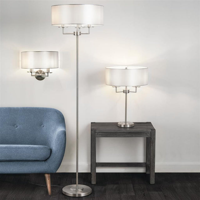 KNIGHTSBRIDGE 3LT SATIN SILVER FLOOR LAMP WITH SILVER FAUX SILK SHADE