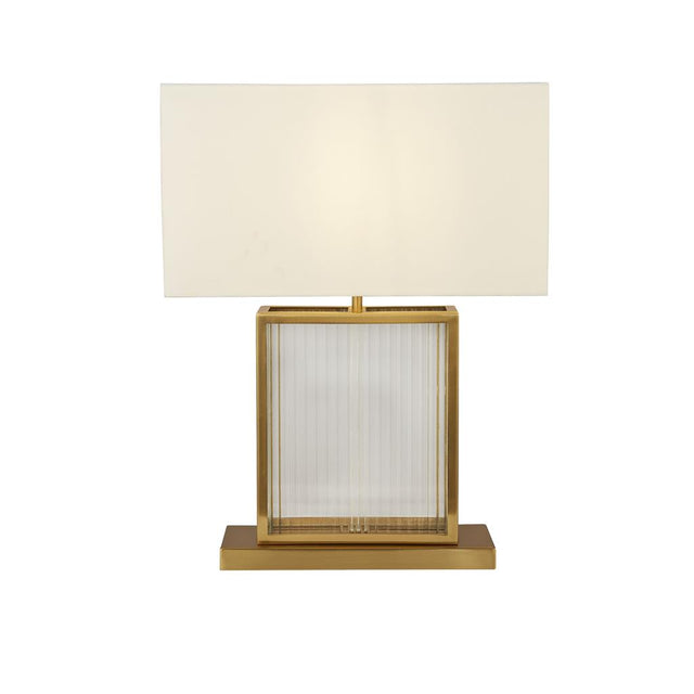 CLARENDON 1LT TABLE LAMP, TEMPERED GLASS, VELVET OFF WHITE SHADE. SATIN BRASS