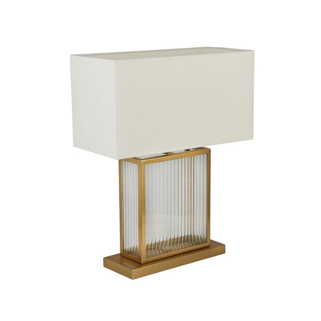 CLARENDON 1LT TABLE LAMP, TEMPERED GLASS, VELVET OFF WHITE SHADE. SATIN BRASS