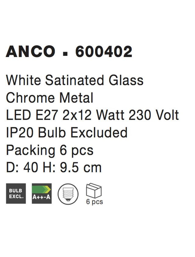 ANCO Ceiling Light Satinated White Glass Chrome Metal LED E27 2x12W D:40 H:9,5cm