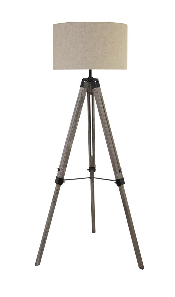 EASEL FLOOR LAMP, WASHED BROWN BASE, LINEN DRUM SHADE