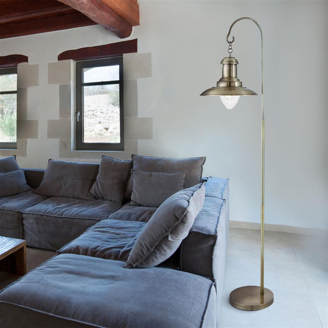 FISHERMAN FLOOR LAMP, ANTIQUE BRASS, CLEAR GLASS SHADE