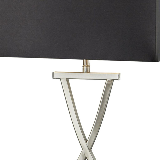 CLUB TABLE LAMP X BASE, SATIN SILVER, BLACK RECTANGLE SHADE