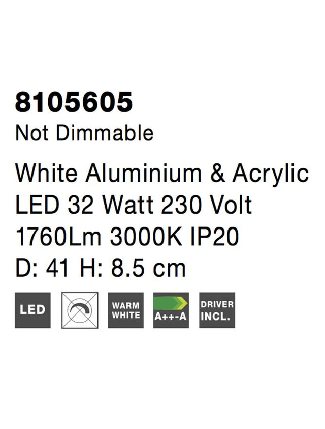 ALBI White Aluminium & Acrylic LED 32 Watt 230 Volt 1760Lm 3000K IP20 D: 41 H: 8.5 cm
