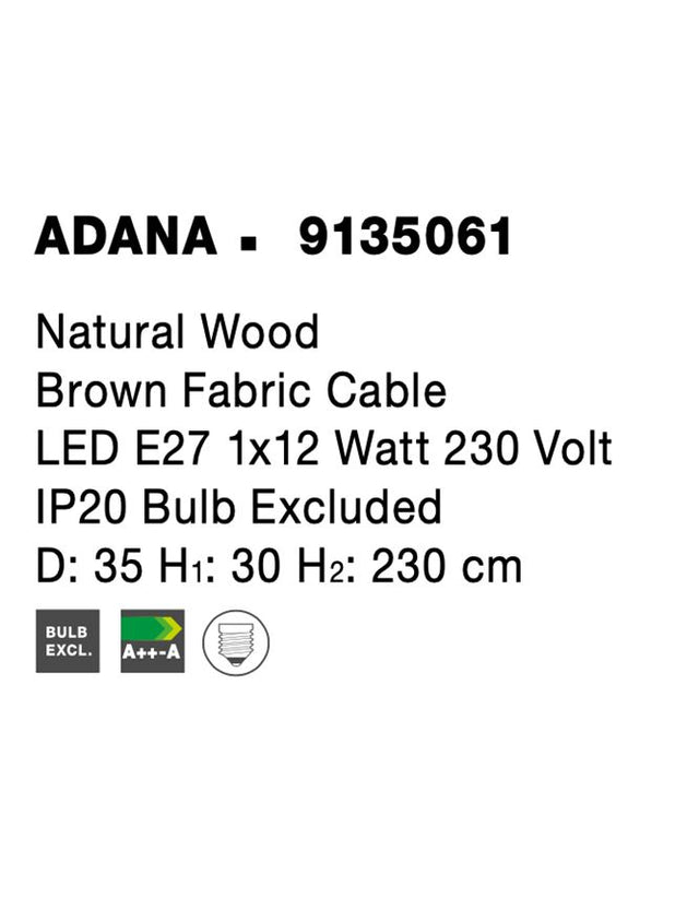 ADANA Natural Wood Brown Fabric Cable LED E27 1x12 Watt 230 Volt IP20 Bulb Excluded D: 35 H1: 30 H2: 230 cm