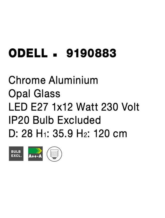 ODELL Chrome Aluminium Opal Glass LED E27 1x12 Watt 230 Volt IP20 Bulb Excluded D: 28 H1: 35.9 H2: 120 cm