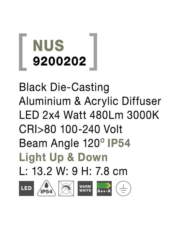 NUS Black Die-Casting Aluminium & Acrylic Diffuser LED 2x4 Watt 480Lm 3000K CRI>80 100-240 Volt Beam Angle 120° IP54 Light Up & Down L: 13.2 W: 9 H: 7.8 cm