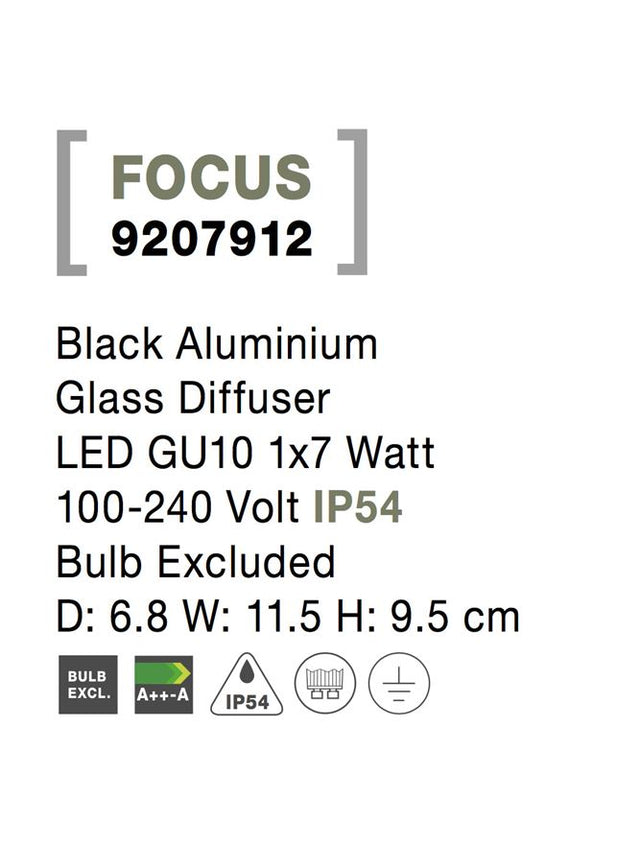 FOCUS Black Aluminium & Glass Diffuser GU10 1x35 Watt D: 6 W: 11.5 H: 9.5 cm IP54