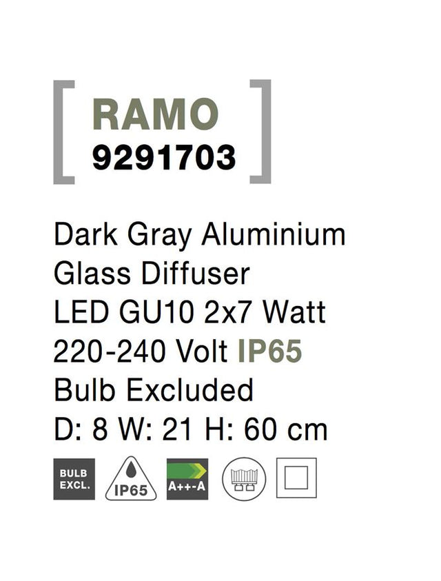RAMO Dark Gray Aluminium Glass Diffuser LED GU10 2x7 Watt 220-240 Volt IP65 Bulb Excluded D: 8 W: 21 H: 60 cm