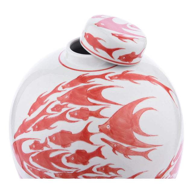 Simone Ceramic Coral & White Fish Pattern Jar With Lid
