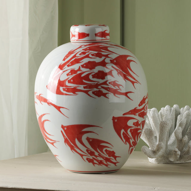 Simone Ceramic Coral & White Fish Pattern Jar With Lid