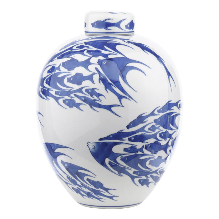 Simone Ceramic Blue & White Fish Pattern Jar With Lid