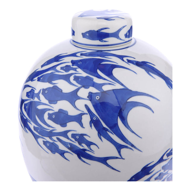 Simone Ceramic Blue & White Fish Pattern Jar With Lid