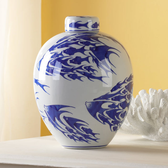 Simone Ceramic Blue & White Fish Pattern Jar With Lid