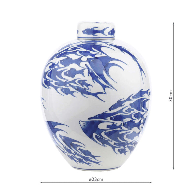 Simone Ceramic Blue & White Fish Pattern Jar With Lid
