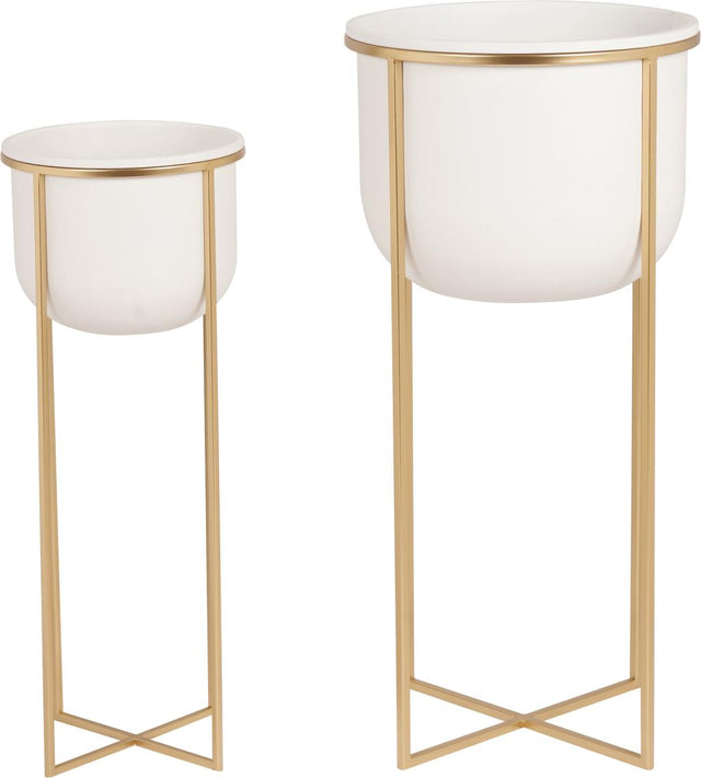 S/2 White and Gold Metal Planters