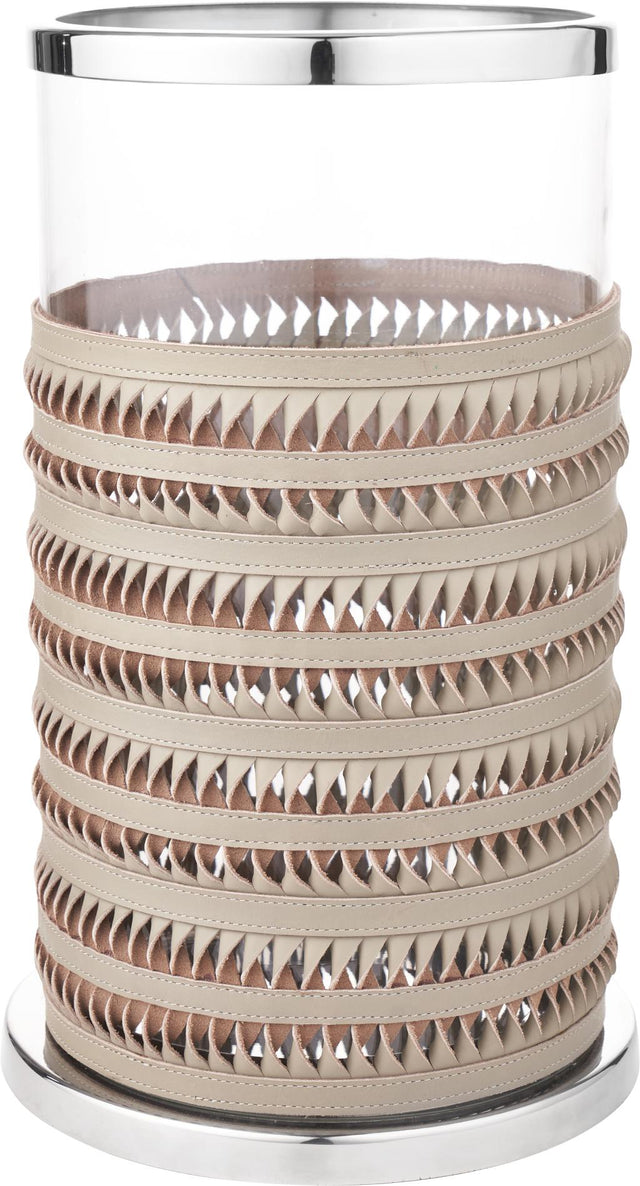 Silver Metal, Clear Glass and Grey Plaited Leather Hurricane Large