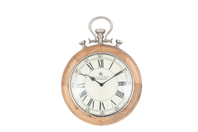 Mango Wood and Silver Metal Stopwatch Design Wall Clock