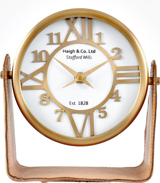 Tan Leather and Antique Brass Metal Table Clock