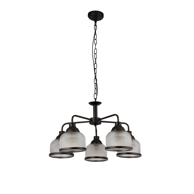 Highworth 5Lt Pendant - Black Metal & Holophane Style Glass