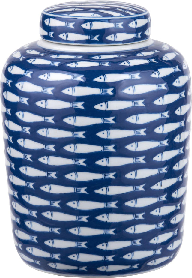 Schoal Blue and White Ceramic Fish Detail Lidded Ginger Jar