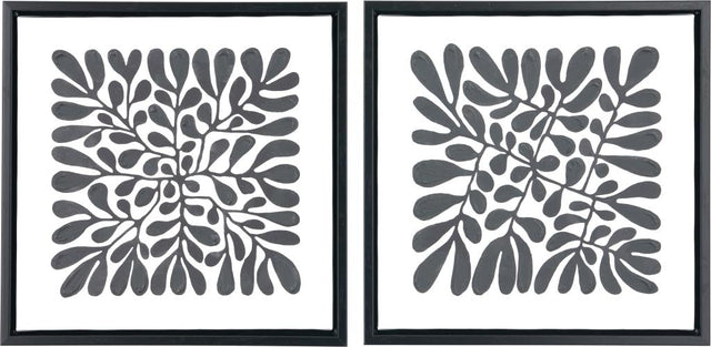 S/2 Black Leaf Print Square Canvases with Black Frames