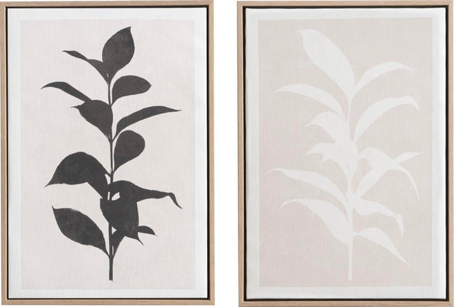 S/2 Natural and Black Leaf Print Canvases with Natural Frames
