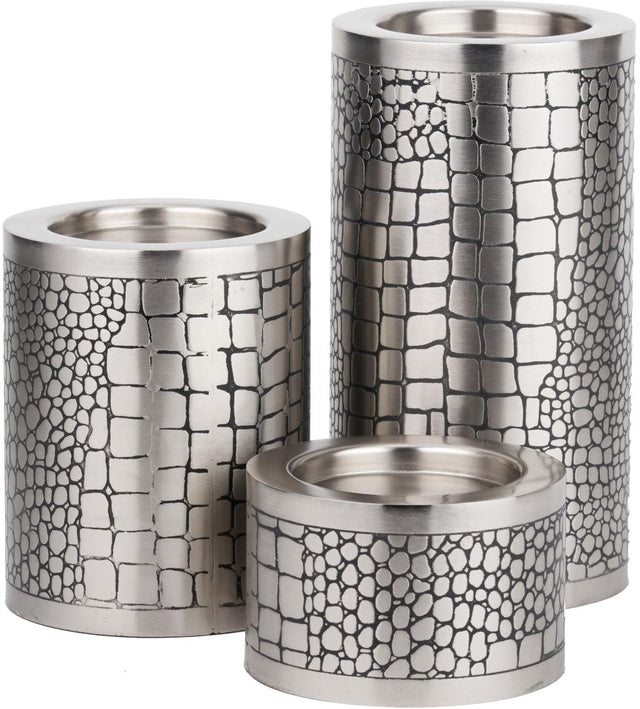 S/3 Antique Silver Croc Print Metal Pillar Candle Holders